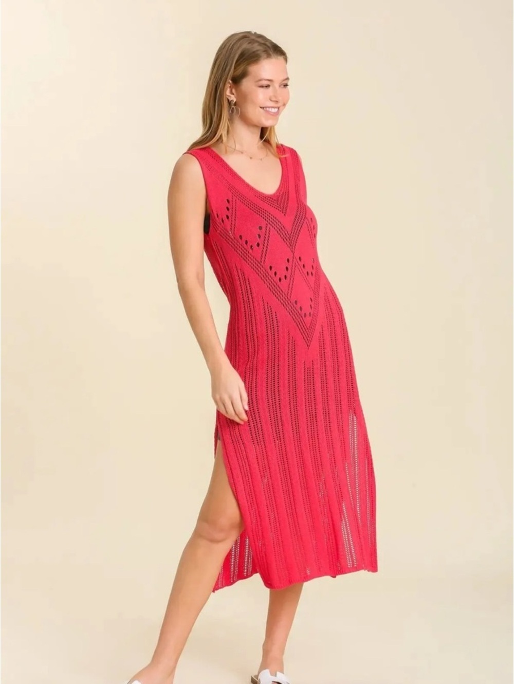 Umgee Sleeveless Openwork Knit Midi Dress in Hot Pink